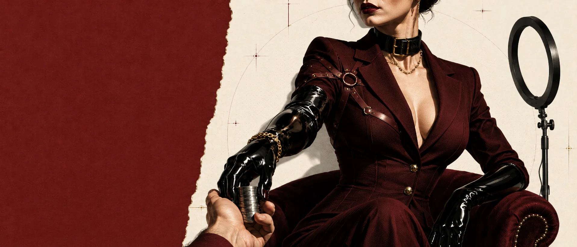 An unseen hand offers a short stack of plain, unmarked metal discs to a seated woman in burgundy tailoring and black patent gloves. She reaches for them without looking down. The ring light beside her is switched off.